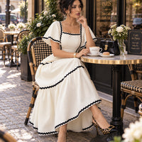Women's Vintage Square Neck Flutter Sleeve Dress Summer Black Scallop Trim Tiered Ruffle Long Casual Vacation A-line Natalia Home Fashion    Natalia Home Fashion