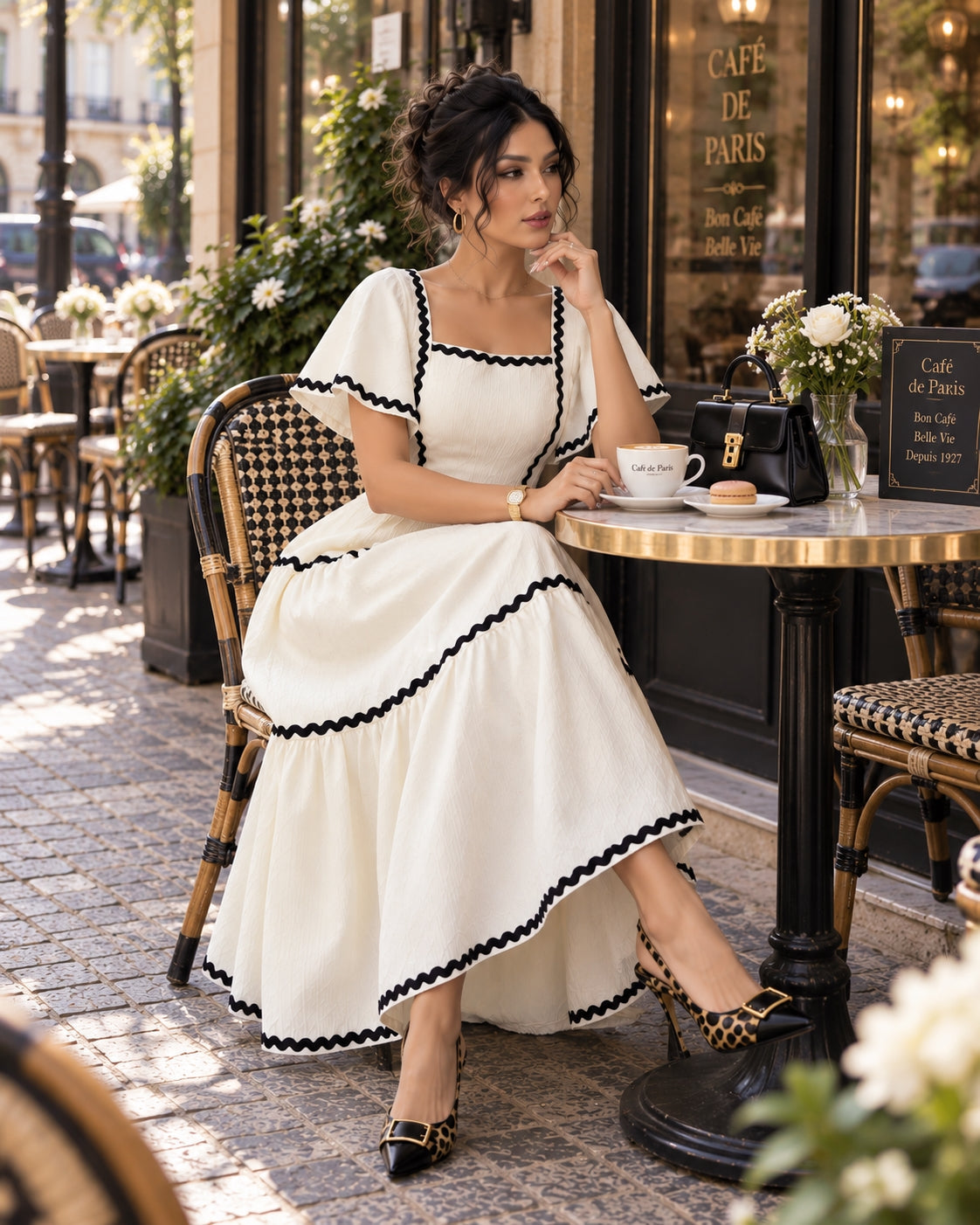 Women's Vintage Square Neck Flutter Sleeve Dress Summer Black Scallop Trim Tiered Ruffle Long Casual Vacation A-line Natalia Home Fashion    Natalia Home Fashion