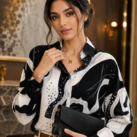 Lady Turn Down Collar Printed Shirt Fashion Tops Casual Long Sleeve Blouse Vintage Clothes