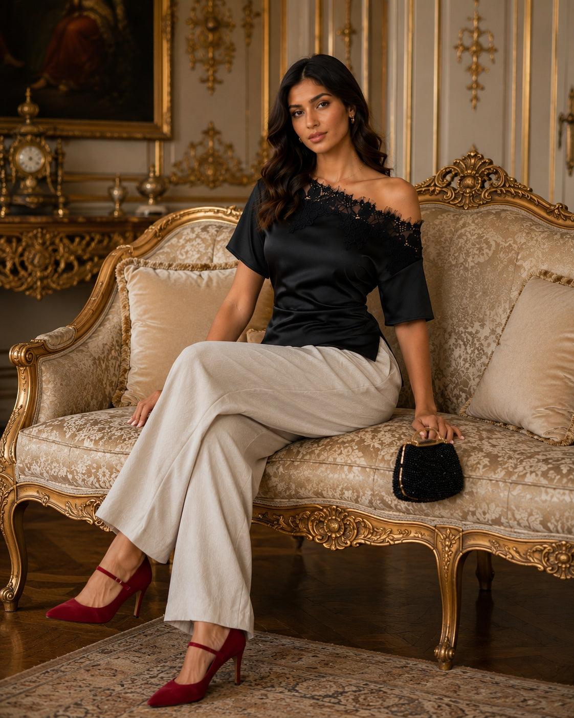 Elegant temperament women's top with lace splicing, sloping collar, waist cinching, solid color, irregular short sleeved top Natalia Home Fashion    Natalia Home Fashion