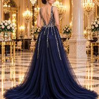 Evening Dress Luxury A-Line  Thin Straps Crystal Beaded Open Back formal Floor Length ball Gown Natalia Home Fashion    Natalia Home Fashion