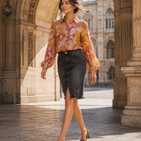 Spring New Ethnic style Flower Print Chiffon Shirt Single Breasted Tiered Ruffles Women's Sheer Top Thin Blouse