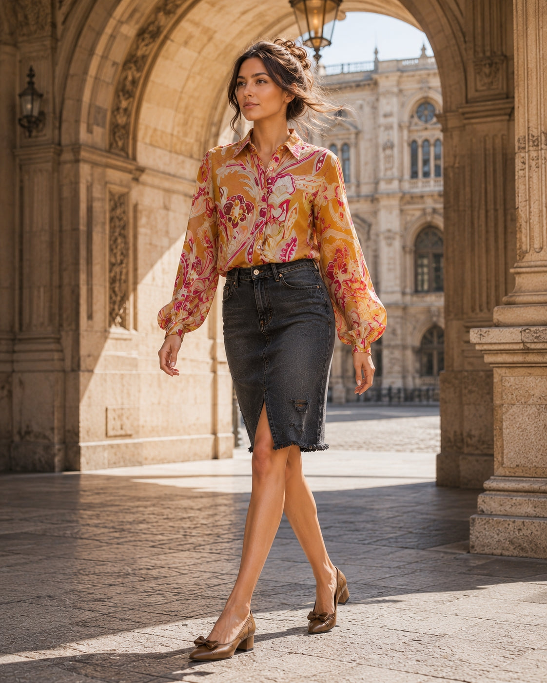 Spring New Ethnic style Flower Print Chiffon Shirt Single Breasted Tiered Ruffles Women's Sheer Top Thin Blouse