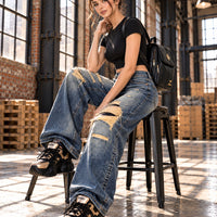 Irregular Hole Vintage Jeans Women Distressed Washed Wide Leg Loose Denim Pants Natalia Home Fashion    Natalia Home Fashion