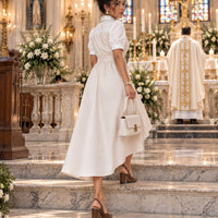 Women's Elegant Turn-down Collar Puff Sleeve Lace-up High Waist Spliced False Two-piece A-line Midi Dress for Office Daily casual Wear Natalia Home Fashion    Natalia Home Fashion