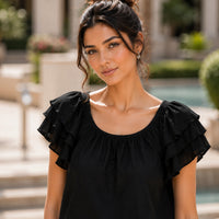 Loose Summer Top Black Square Collar Short Sleeve Women's Fashion plus Size Clothing Breathable Comfortable Cotton Fabric