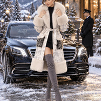 Genuine Sheep Shearling Trench Coat Fluffy Big Real Fox Fur Collar Winter Long Natural Leather Coat for Women Natalia Home Fashion    Natalia Home Fashion