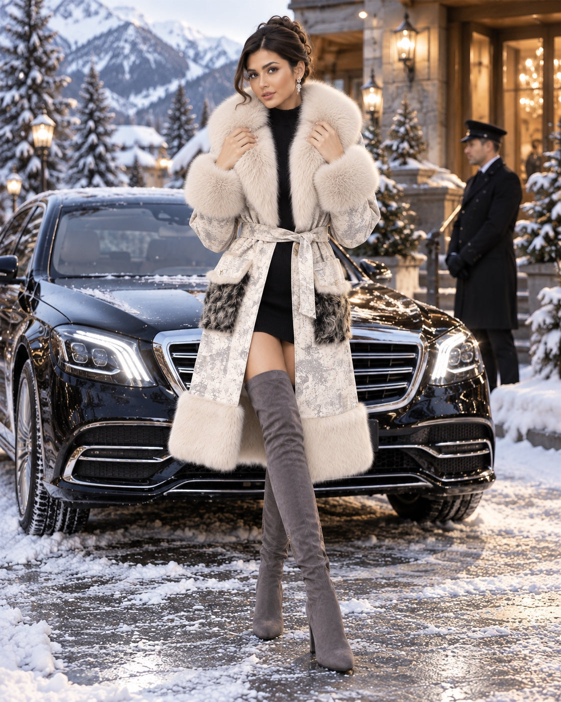 Genuine Sheep Shearling Trench Coat Fluffy Big Real Fox Fur Collar Winter Long Natural Leather Coat for Women Natalia Home Fashion    Natalia Home Fashion