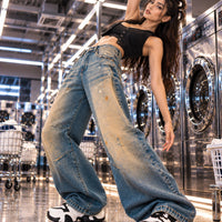 Washed High Street Straight Leg Cuffed Jeans Women Loose Casual Pants High Waist Vintage Graffiti Jeans Natalia Home Fashion    Natalia Home Fashion