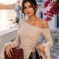 Fashion Slant Shoulder Street Personalized Style Spicy Girl Irregular Tie Rope Long Sleeve Slimming T-shirt Women's Wear