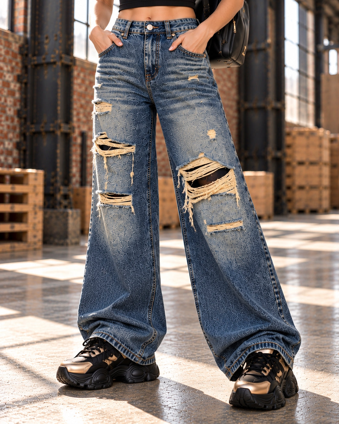 Irregular Hole Vintage Jeans Women Distressed Washed Wide Leg Loose Denim Pants Natalia Home Fashion    Natalia Home Fashion