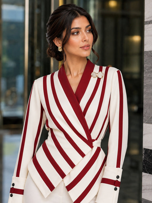 High end Luxury Long Sleeve Shirt for Women Unique Chic Korean Style V-neck Striped Blouse Women Tops Natalia Home Fashion    Natalia Home Fashion