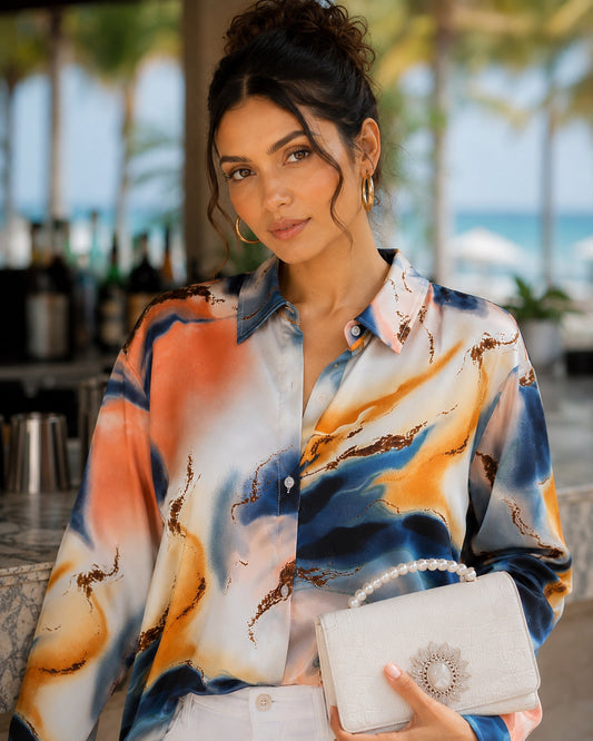 Women's Vintage Tie Dye Niche Design High End French Satin Shirt Long Sleeve Elegant Soft Drape Blouse Top Natalia Home Fashion    Natalia Home Fashion