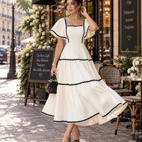 Women's Vintage Square Neck Flutter Sleeve Dress Summer Black Scallop Trim Tiered Ruffle Long Casual Vacation A-line Natalia Home Fashion    Natalia Home Fashion