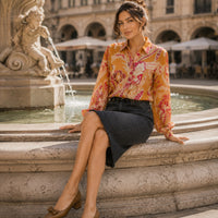 Spring New Ethnic style Flower Print Chiffon Shirt Single Breasted Tiered Ruffles Women's Sheer Top Thin Blouse