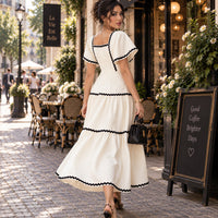 Women's Vintage Square Neck Flutter Sleeve Dress Summer Black Scallop Trim Tiered Ruffle Long Casual Vacation A-line Natalia Home Fashion    Natalia Home Fashion
