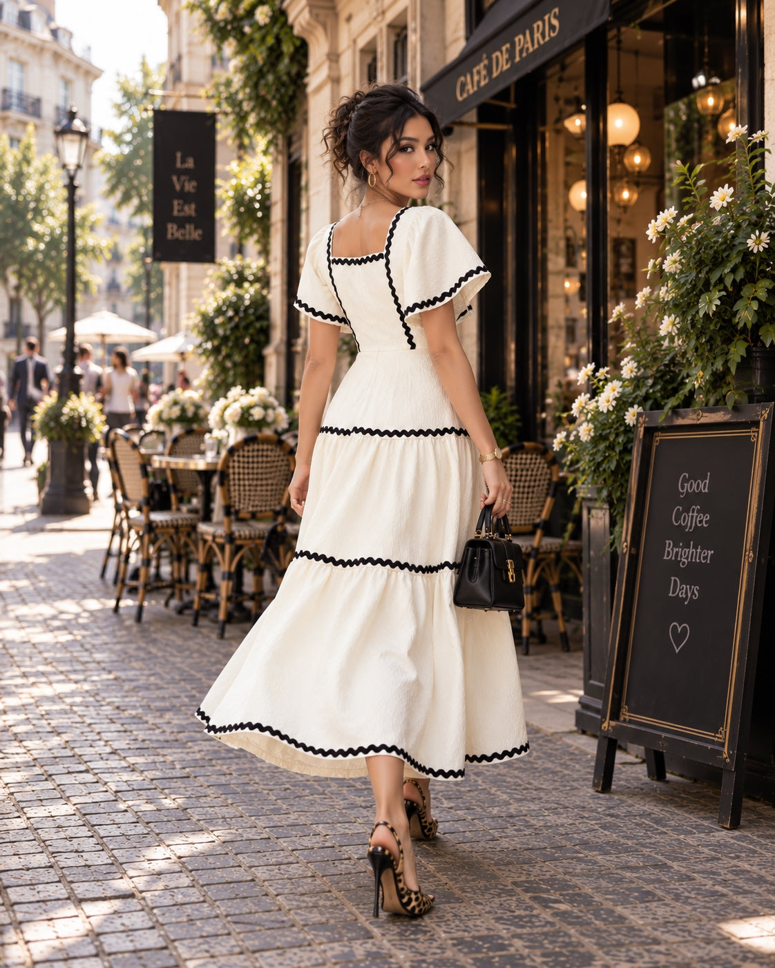 Women's Vintage Square Neck Flutter Sleeve Dress Summer Black Scallop Trim Tiered Ruffle Long Casual Vacation A-line Natalia Home Fashion    Natalia Home Fashion