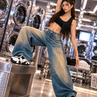 Washed High Street Straight Leg Cuffed Jeans Women Loose Casual Pants High Waist Vintage Graffiti Jeans Natalia Home Fashion    Natalia Home Fashion