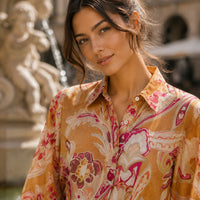 Spring New Ethnic style Flower Print Chiffon Shirt Single Breasted Tiered Ruffles Women's Sheer Top Thin Blouse