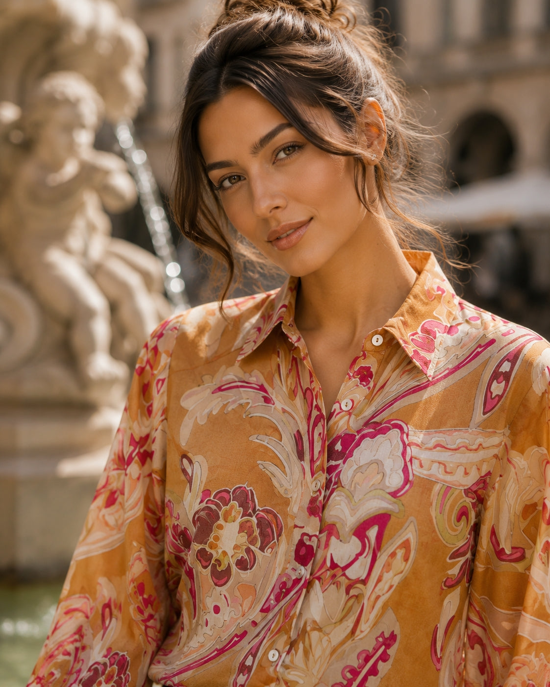 Spring New Ethnic style Flower Print Chiffon Shirt Single Breasted Tiered Ruffles Women's Sheer Top Thin Blouse