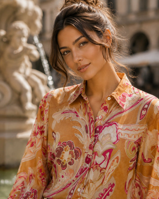 Spring New Ethnic style Flower Print Chiffon Shirt Single Breasted Tiered Ruffles Women's Sheer Top Thin Blouse Natalia Home Fashion    Natalia Home Fashion