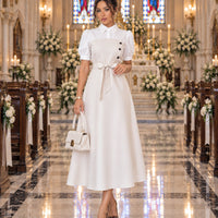Women's Elegant Turn-down Collar Puff Sleeve Lace-up High Waist Spliced False Two-piece A-line Midi Dress for Office Daily casual Wear Natalia Home Fashion    Natalia Home Fashion