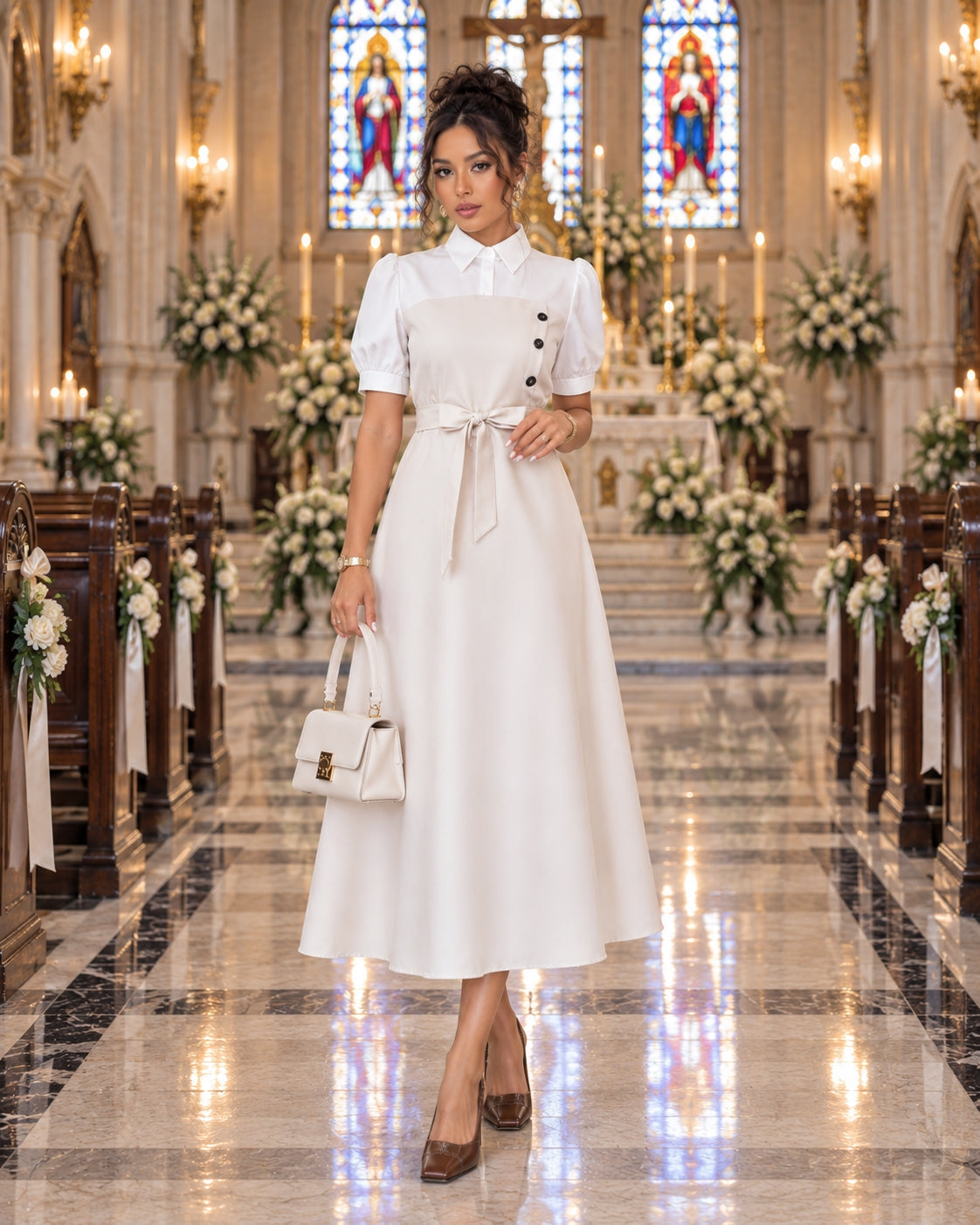 Women's Elegant Turn-down Collar Puff Sleeve Lace-up High Waist Spliced False Two-piece A-line Midi Dress for Office Daily casual Wear Natalia Home Fashion    Natalia Home Fashion