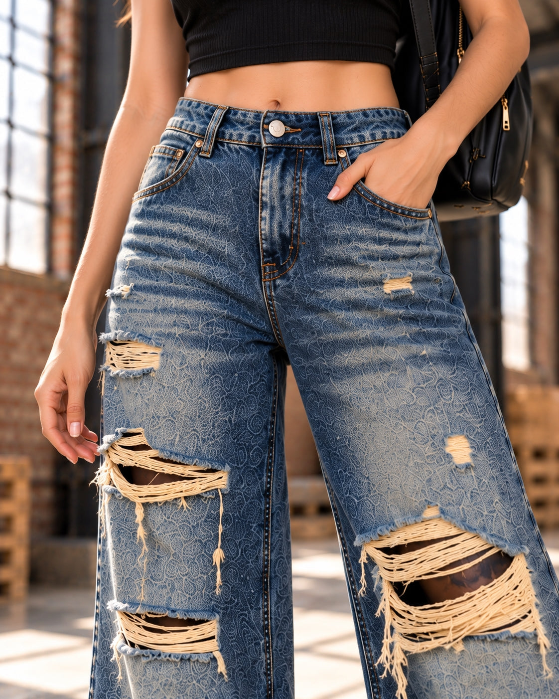 Irregular Hole Vintage Jeans Women Distressed Washed Wide Leg Loose Denim Pants Natalia Home Fashion    Natalia Home Fashion