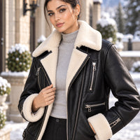 Turn Down Collar Genuine Sheepskin Real Leather Coat Zipper Winter Women Soft Shearling Fur Jacket Natalia Home Fashion    Natalia Home Fashion