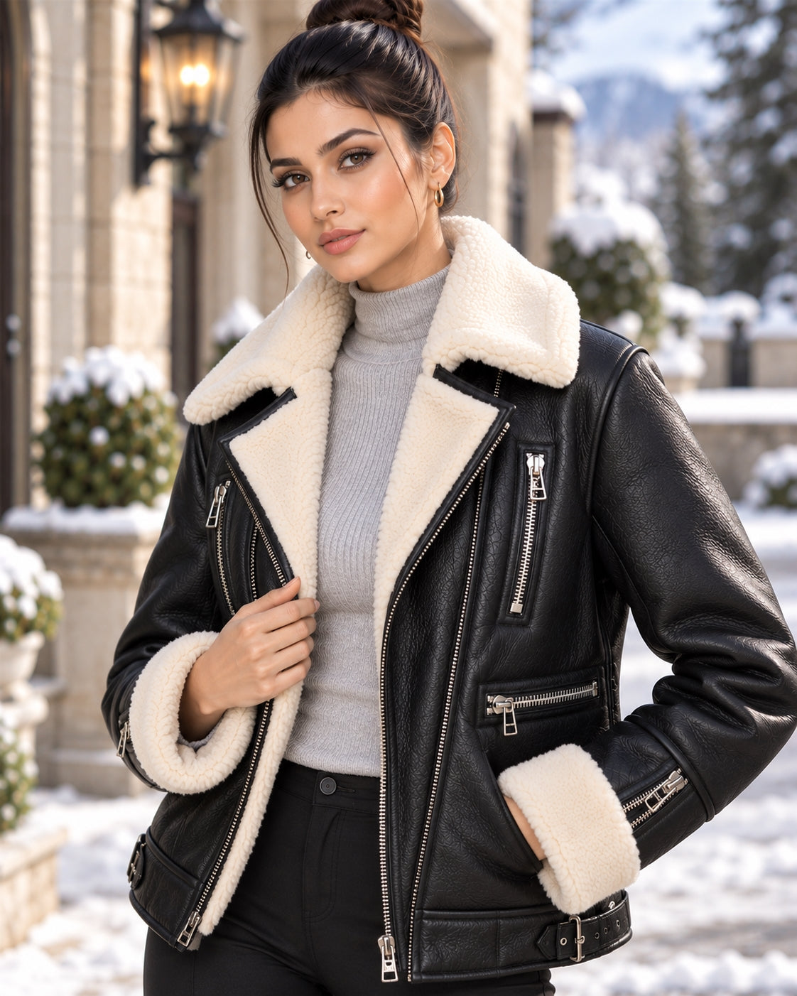 Turn Down Collar Genuine Sheepskin Real Leather Coat Zipper Winter Women Soft Shearling Fur Jacket Natalia Home Fashion    Natalia Home Fashion