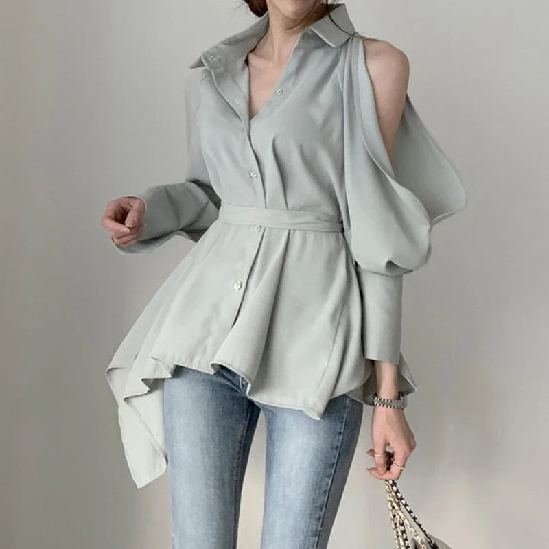 Sleeve Back Slit Strap Strap Collar Long Sleeve Blouse Women Blouse New Lady Hollow Out Turn-Down Collar Fashion Shirt Blouses Off Shoulder  Solid Tops