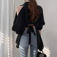 Sleeve Back Slit Strap Strap Collar Long Sleeve Blouse Women Blouse New Lady Hollow Out Turn-Down Collar Fashion Shirt Blouses Off Shoulder  Solid Tops