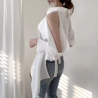 Sleeve Back Slit Strap Strap Collar Long Sleeve Blouse Women Blouse New Lady Hollow Out Turn-Down Collar Fashion Shirt Blouses Off Shoulder  Solid Tops