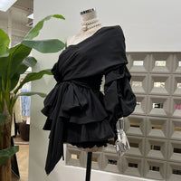 Women's Asymmetric Off-Shoulder Crop-Top Irregular Bow-Waist Puff-Sleeve Party Evening Top