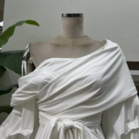 Women's Asymmetric Off-Shoulder Crop-Top Irregular Bow-Waist Puff-Sleeve Party Evening Top