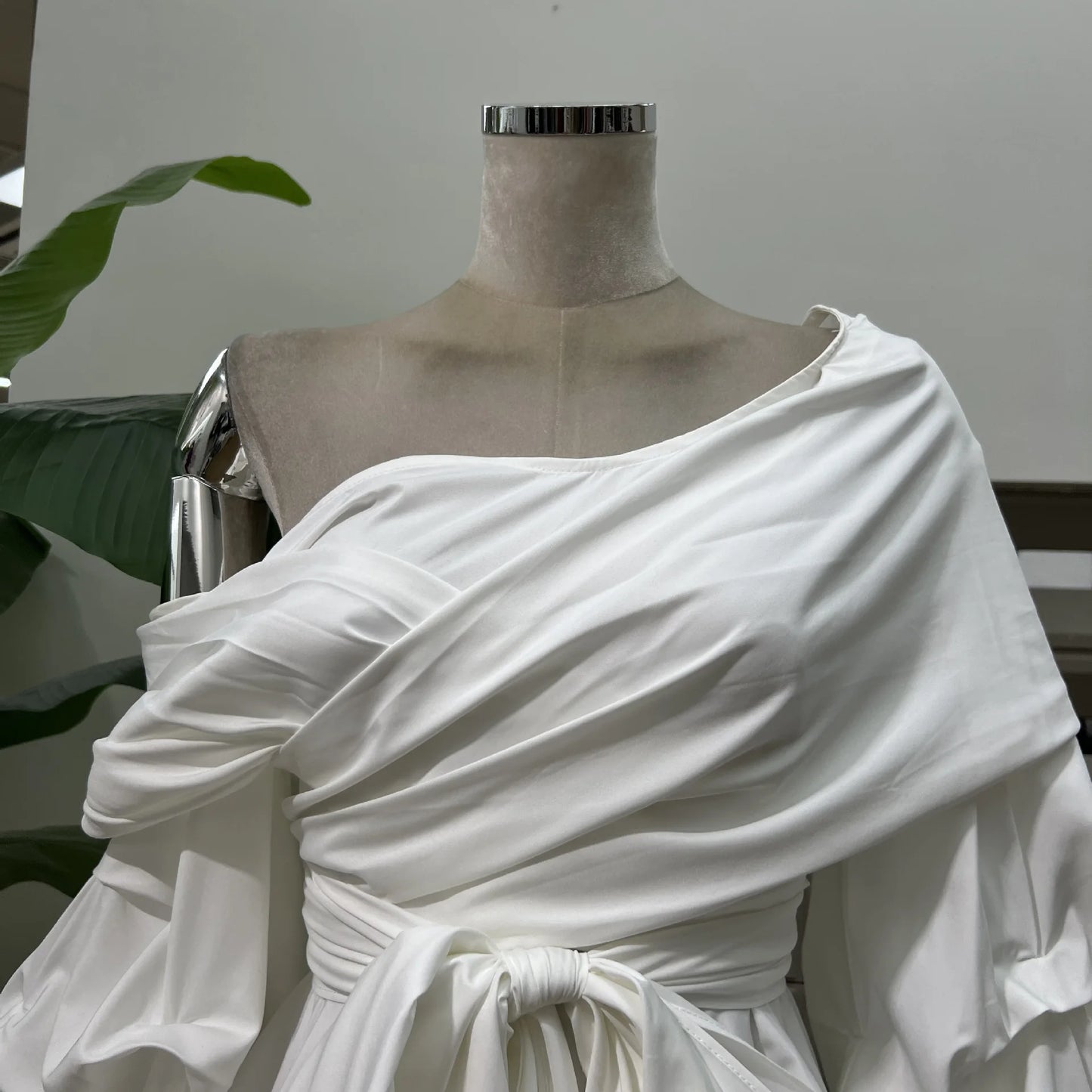 Women's Asymmetric Off-Shoulder Crop-Top Irregular Bow-Waist Puff-Sleeve Party Evening Top