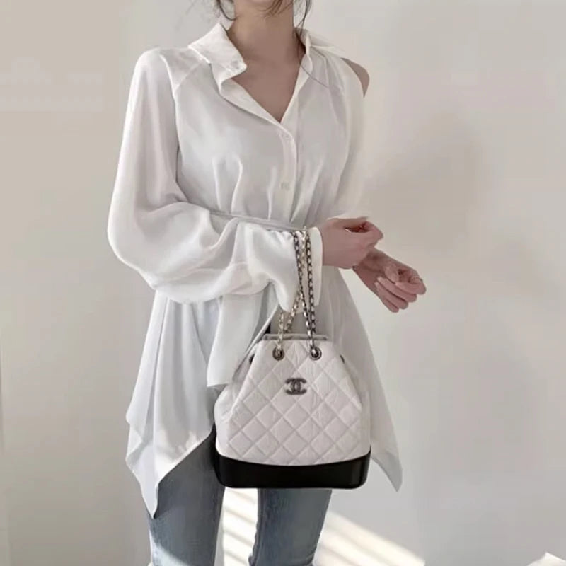 Sleeve Back Slit Strap Strap Collar Long Sleeve Blouse Women Blouse New Lady Hollow Out Turn-Down Collar Fashion Shirt Blouses Off Shoulder  Solid Tops