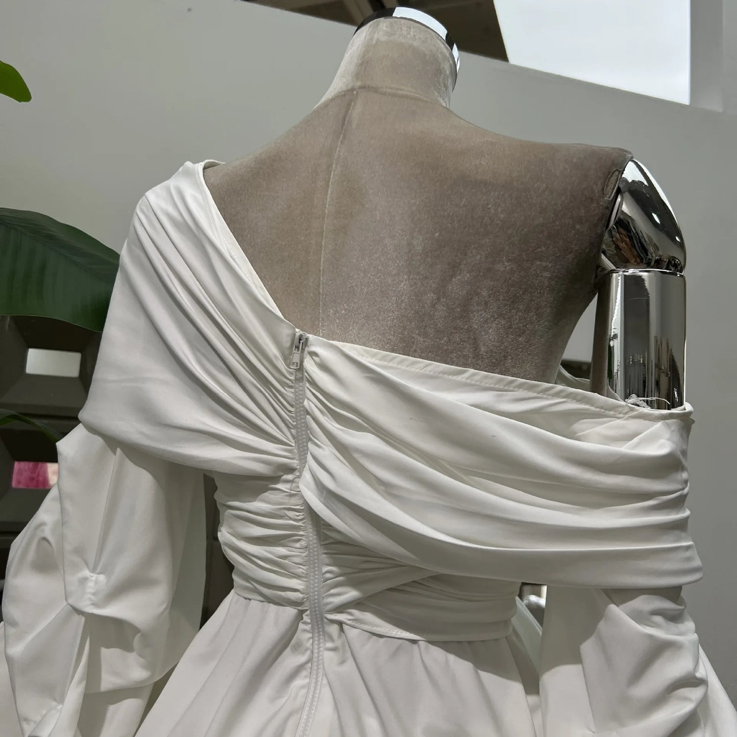 Women's Asymmetric Off-Shoulder Crop-Top Irregular Bow-Waist Puff-Sleeve Party Evening Top