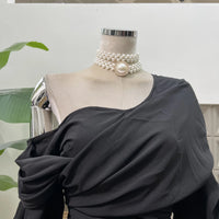 Women's Asymmetric Off-Shoulder Crop-Top Irregular Bow-Waist Puff-Sleeve Party Evening Top