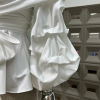 Women's Asymmetric Off-Shoulder Crop-Top Irregular Bow-Waist Puff-Sleeve Party Evening Top