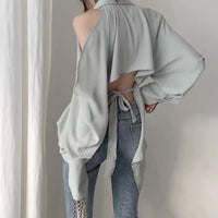 Sleeve Back Slit Strap Strap Collar Long Sleeve Blouse Women Blouse New Lady Hollow Out Turn-Down Collar Fashion Shirt Blouses Off Shoulder  Solid Tops