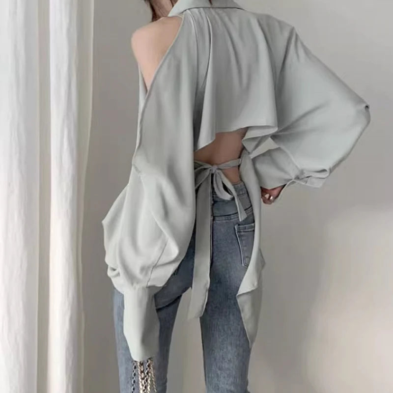 Sleeve Back Slit Strap Strap Collar Long Sleeve Blouse Women Blouse New Lady Hollow Out Turn-Down Collar Fashion Shirt Blouses Off Shoulder  Solid Tops