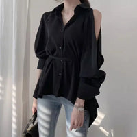 Sleeve Back Slit Strap Strap Collar Long Sleeve Blouse Women Blouse New Lady Hollow Out Turn-Down Collar Fashion Shirt Blouses Off Shoulder  Solid Tops