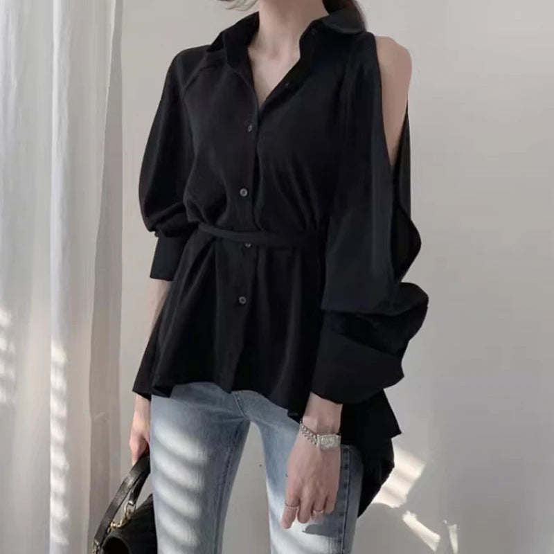 Sleeve Back Slit Strap Strap Collar Long Sleeve Blouse Women Blouse New Lady Hollow Out Turn-Down Collar Fashion Shirt Blouses Off Shoulder  Solid Tops