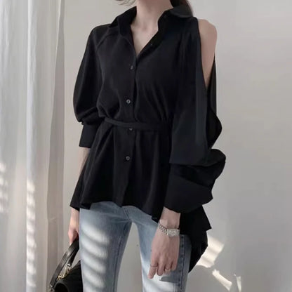 Sleeve Back Slit Strap Strap Collar Long Sleeve Blouse Women Blouse New Lady Hollow Out Turn-Down Collar Fashion Shirt Blouses Off Shoulder  Solid Tops - Natalia Home Fashion