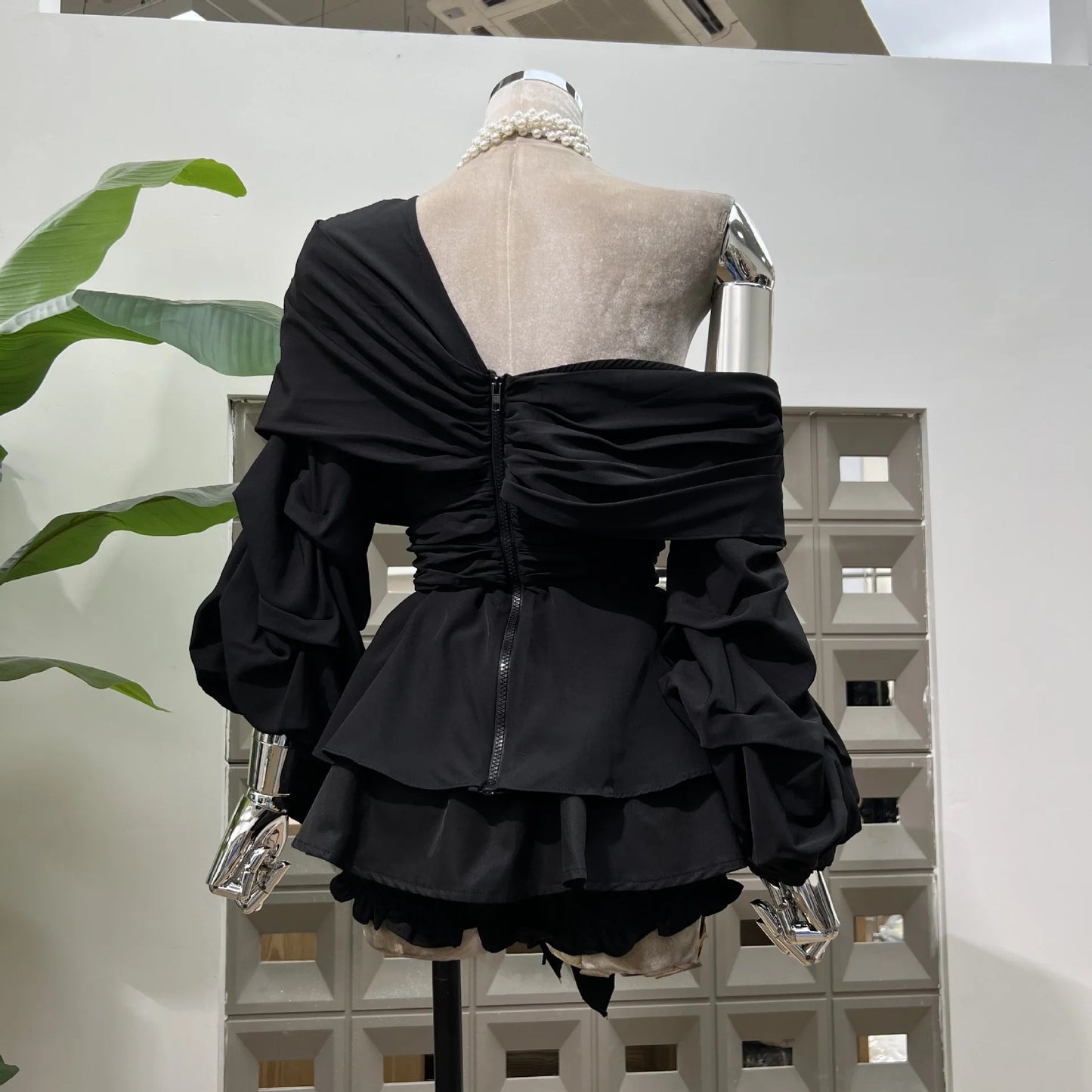 Women's Asymmetric Off-Shoulder Crop-Top Irregular Bow-Waist Puff-Sleeve Party Evening Top
