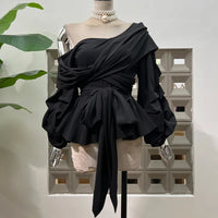 Women's Asymmetric Off-Shoulder Crop-Top Irregular Bow-Waist Puff-Sleeve Party Evening Top