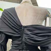 Women's Asymmetric Off-Shoulder Crop-Top Irregular Bow-Waist Puff-Sleeve Party Evening Top
