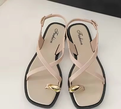 Women's Roman Style Toe-Over Sandals Flat Bottom Outdoor Wear Crossbody PVC Material Anti-Slip Low Heel Footwear