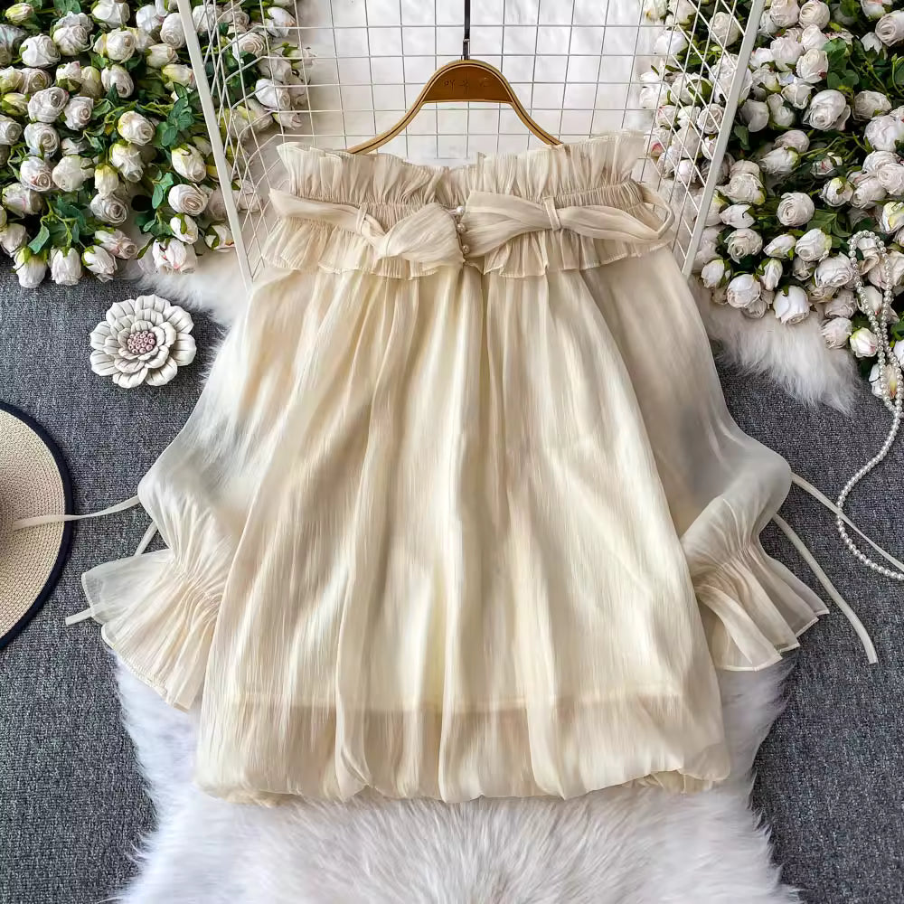 Off Shoulder Sweet Chiffon Top Long Sleeve Elastic French Style Solid Women Vacation Ruffles Loose Dresses